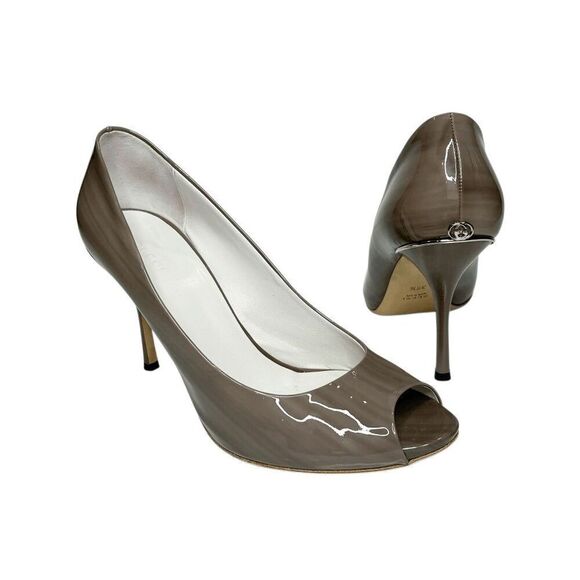 Gucci Shoes - Gucci Acquarel Patent Leather Pumps Gravel Peep Toe Heels GG Logo EU 39.5